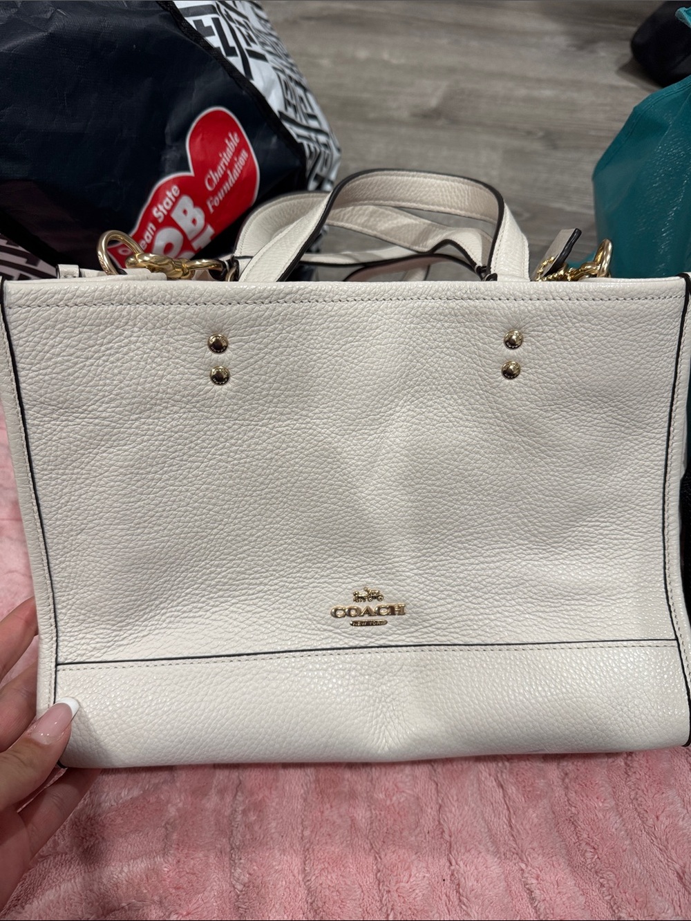 Coach Cream Pebbled Leather Tote with Gold Hardware